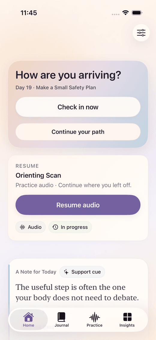 InnerLight home showing a check-in and a resumable practice
