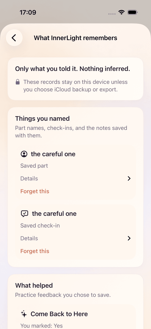 What InnerLight remembers screen with saved items, Details, and Forget this actions