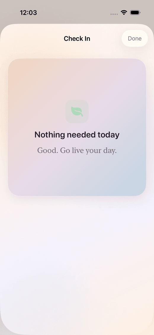 InnerLight confirming Nothing needed today with the words Good. Go live your day.