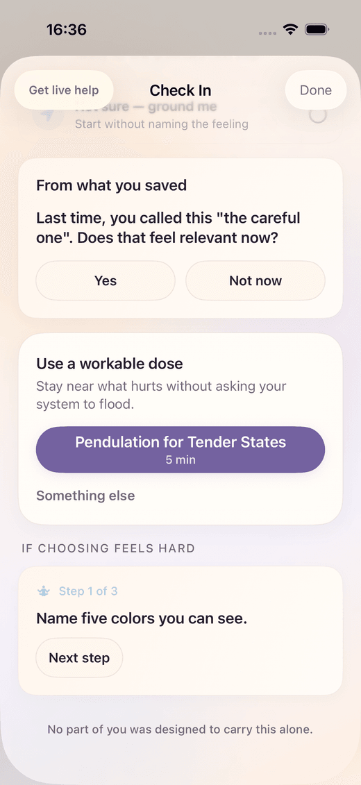 InnerLight check-in offering a previously saved phrase with Yes and Not now choices